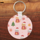 Cute Christmas Cats Pattern – Pink Holiday Design キーホルダー (正面)
