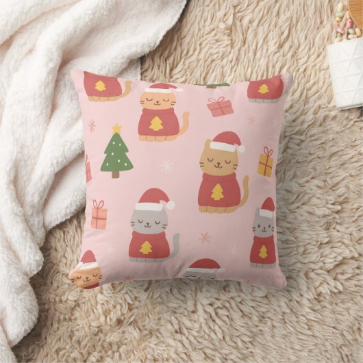 Cute Christmas Cats Pattern – Pink Holiday Design クッション (ブランケット)