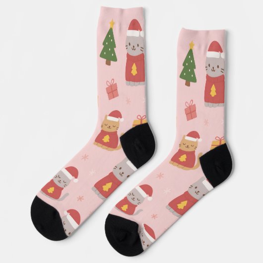 Cute Christmas Cats Pattern – Pink Holiday Design ソックス (左)