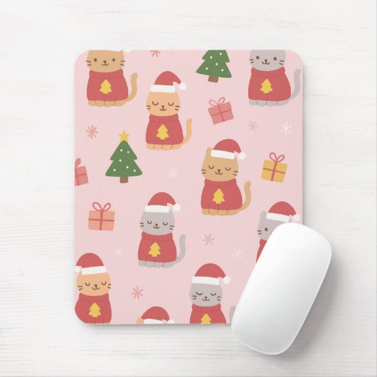 Cute Christmas Cats Pattern – Pink Holiday Design マウスパッド (マウス)