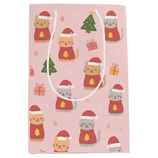 Cute Christmas Cats Pattern – Pink Holiday Design ミディアムペーパーバッグ (正面)
