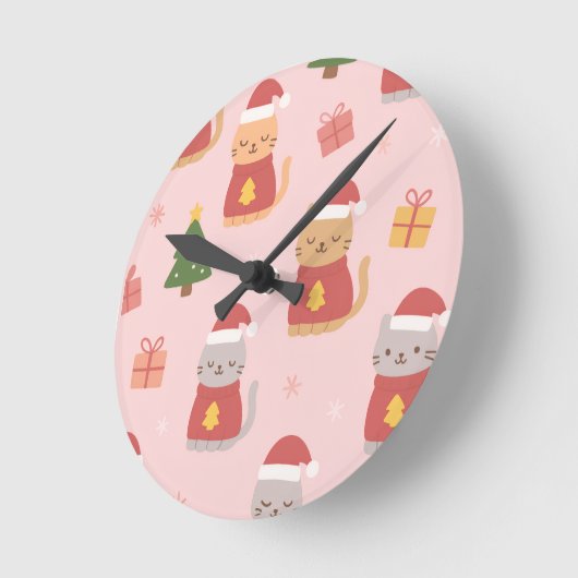 Cute Christmas Cats Pattern – Pink Holiday Design ラウンド壁時計 (傾斜)