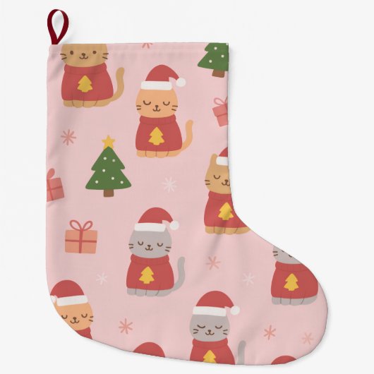 Cute Christmas Cats Pattern – Pink Holiday Design ラージクリスマスストッキング (正面)