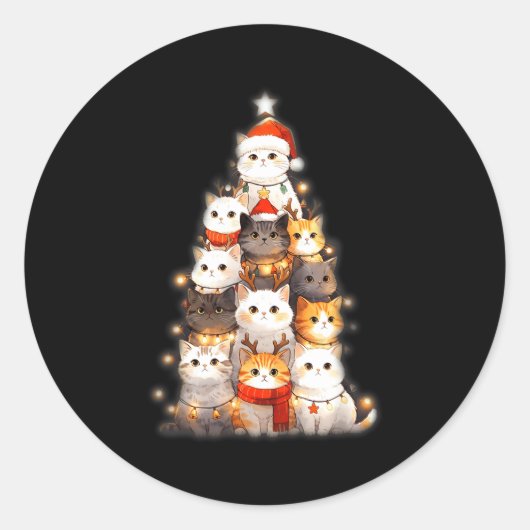 Cute Christmas Cats Tree Lights Holiday Kittens Il ラウンドシール (正面)