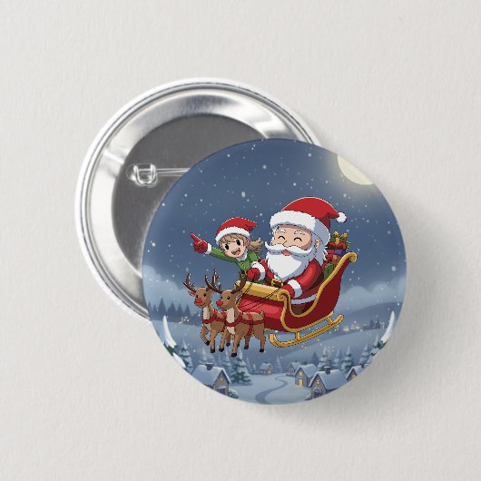 Cute Christmas Chibi Santa and Elf button 缶バッジ (正面&裏面)