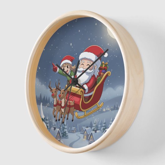 Cute Christmas Chibi Santa and Elf Clock 壁時計 (傾斜)