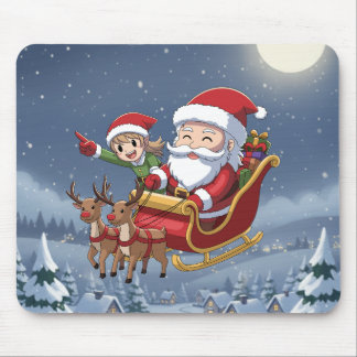 Cute Christmas Chibi Santa and Elf Mouse Pad マウスパッド
