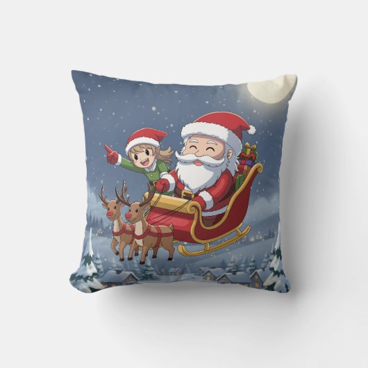 Cute Christmas Chibi Santa and Elf Pillow クッション (正面)