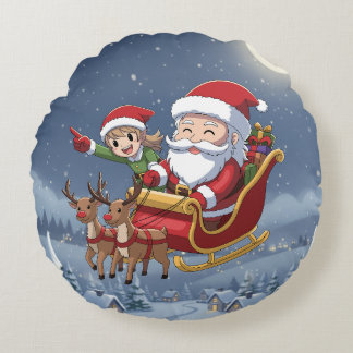 Cute Christmas Chibi Santa and Elf Round Pillow ラウンドクッション