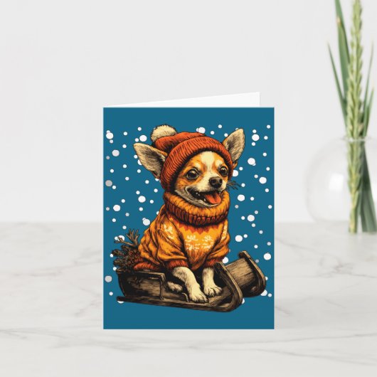 Cute Christmas Chihuahua Sledding In Snow Funny Wi カード (正面)