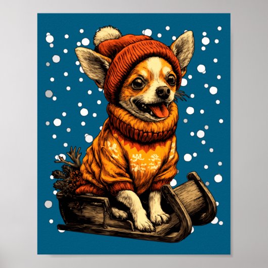 Cute Christmas Chihuahua Sledding In Snow Funny Wi ポスター (正面)