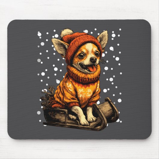 Cute Christmas Chihuahua Sledding In Snow Funny Wi マウスパッド (正面)