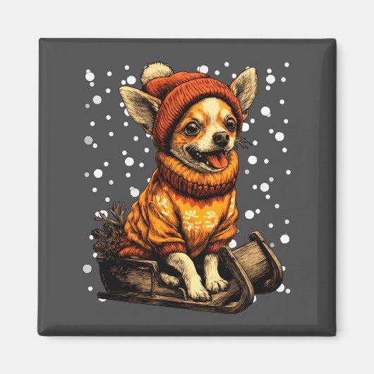 Cute Christmas Chihuahua Sledding In Snow Funny Wi マグネット (正面)