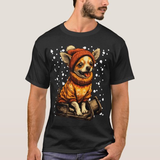 Cute Christmas Chihuahua Sledding In Snow Funny Wi Tシャツ (正面)