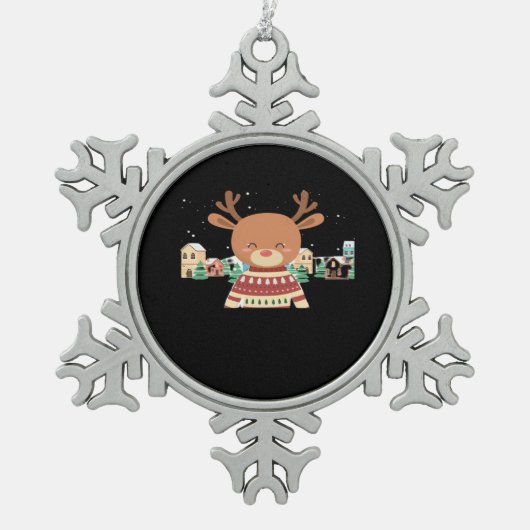 Cute Christmas Deer Minimal Design  スノーフレークピューターオーナメント (正面)