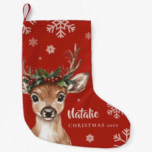 Cute Christmas Deer with Antlers and Floral Crown スモールクリスマスストッキング (正面)