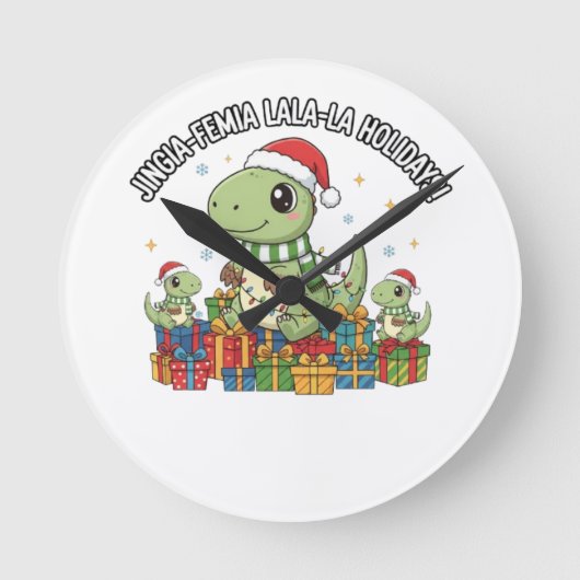 Cute Christmas Dino Family – Festive Holiday Gifts ラウンド壁時計 (正面)