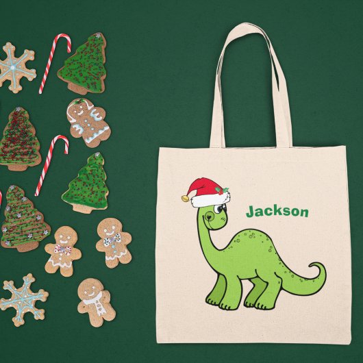 Cute Christmas Dinosaur Custom Green Kids Name トートバッグ