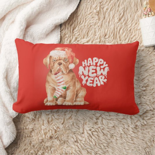 Cute Christmas Dog Pillow – Happy New Year Red ランバークッション (ブランケット)