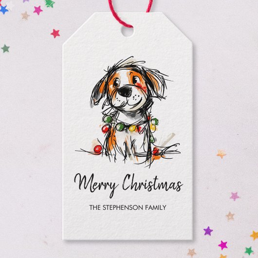 Cute Christmas Dog Sketch Illustration ギフトタグ