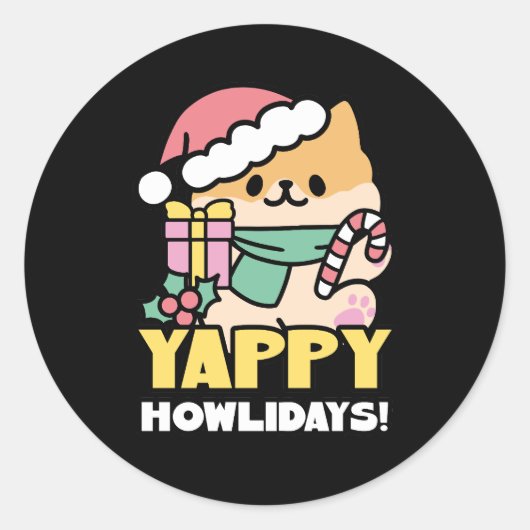 Cute Christmas Dog - Yappy Howlidays  ラウンドシール (正面)