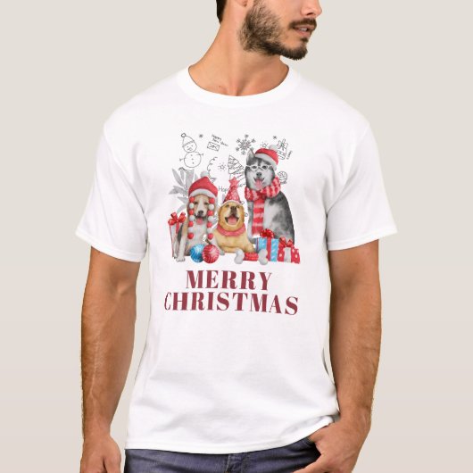 🐶 Cute Christmas Dogs with Gifts – Festive Merry Tシャツ (正面)
