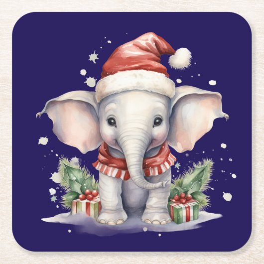 Cute Christmas Elephant スクエアペーパーコースター (正面)