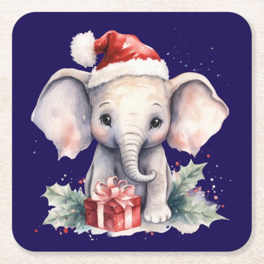 Cute Christmas Elephant スクエアペーパーコースター (正面)