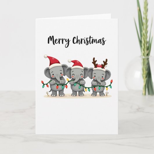 Cute Christmas Elephants with Lights and Santa Hat カード (正面)