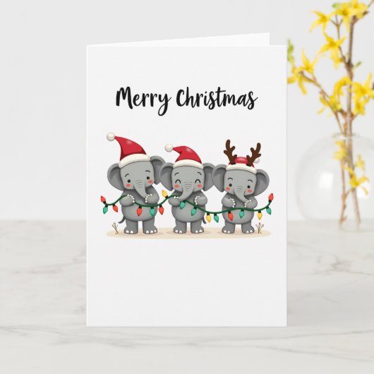 Cute Christmas Elephants with Lights and Santa Hat カード (黄色い花)