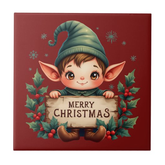 Cute Christmas Elf Holding Merry Sign タイル (正面)
