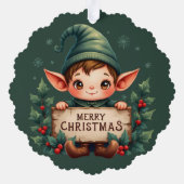 Cute Christmas Elf Holding Merry Sign Green オーナメントカード (裏面)