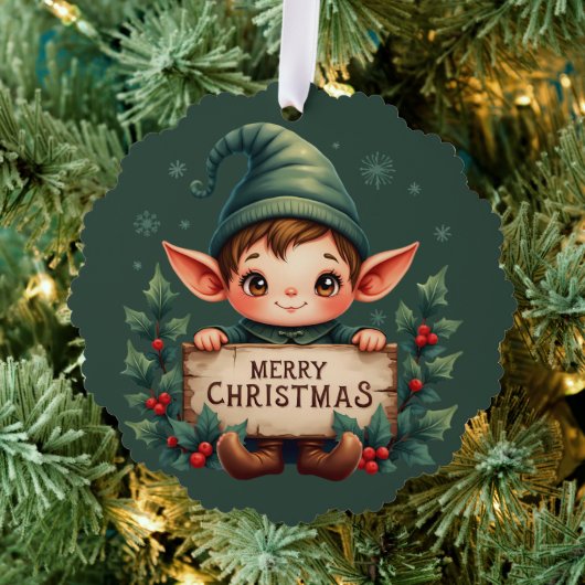 Cute Christmas Elf Holding Merry Sign Green オーナメントカード (インサイチュ (木))