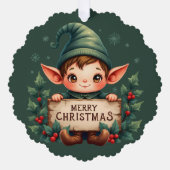 Cute Christmas Elf Holding Merry Sign Green オーナメントカード (正面)