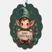 Cute Christmas Elf Holding Merry Sign Green オーナメントカード (左)