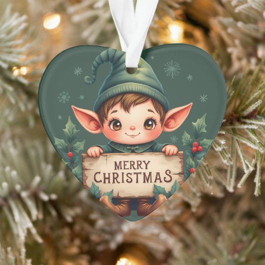 Cute Christmas Elf Holding Merry Sign Green オーナメント (ツリー)