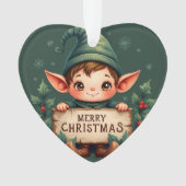 Cute Christmas Elf Holding Merry Sign Green オーナメント (正面)