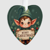 Cute Christmas Elf Holding Merry Sign Green オーナメント (正面)