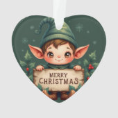 Cute Christmas Elf Holding Merry Sign Green オーナメント (裏面)