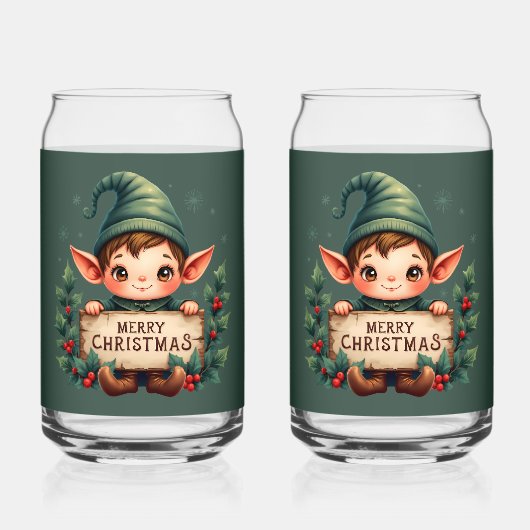 Cute Christmas Elf Holding Merry Sign Green ガラス缶 (正面)