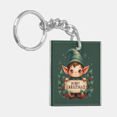 Cute Christmas Elf Holding Merry Sign Green キーホルダー (正面左)