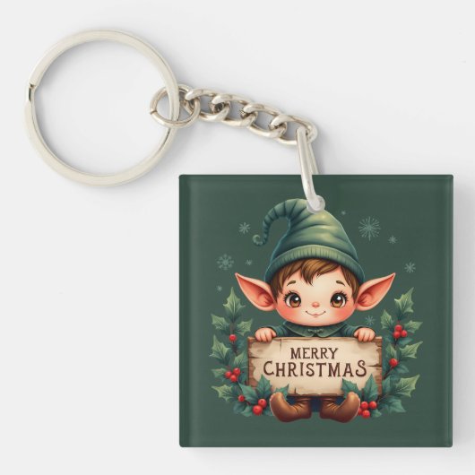 Cute Christmas Elf Holding Merry Sign Green キーホルダー (正面)