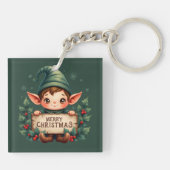 Cute Christmas Elf Holding Merry Sign Green キーホルダー (裏面)