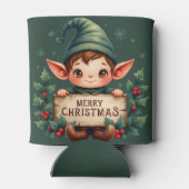 Cute Christmas Elf Holding Merry Sign Green 缶クーラー (裏面)