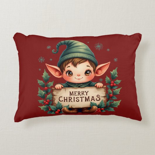 Cute Christmas Elf Holding Merry Sign Red アクセントクッション (正面)