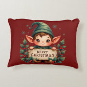 Cute Christmas Elf Holding Merry Sign Red アクセントクッション (裏面)