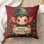 Cute Christmas Elf Holding Merry Sign Red クッション (ブランケット)