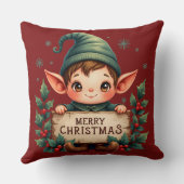 Cute Christmas Elf Holding Merry Sign Red クッション (裏面)