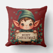 Cute Christmas Elf Holding Merry Sign Red クッション (正面)