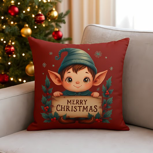 Cute Christmas Elf Holding Merry Sign Red クッション